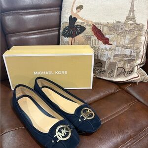 Michael Kors Navy Suede Ballet Flats with Gold MK Emblem